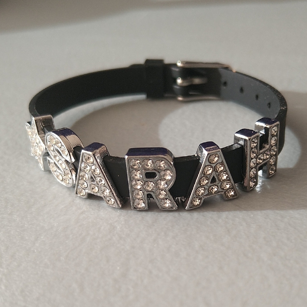 SARAH Black Bracelet with Silver Lettering
